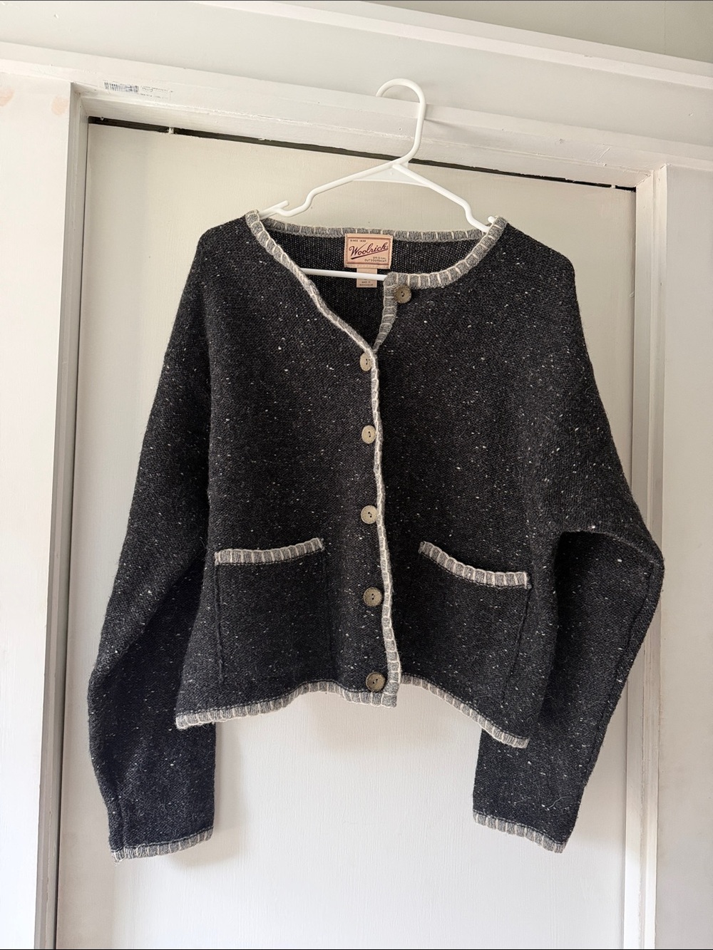 Woolrich Black Tweed Button-Front Cardigan with Cream Trim